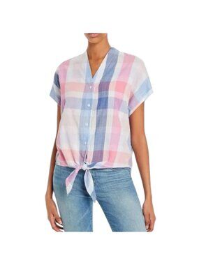 Tommy Bahama Padma Plaid Tie Front Top, Infinity Sky Women's Size XL
